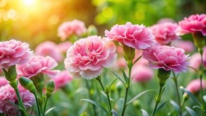 Fototapeta premium Soft Pink Carnations blooming in a garden amidst lush greenery and sunshine, nature landscape, beautiful pink flowers background