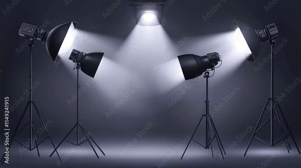 Poster studio lighting setup with multiple softboxes and spotlight for photography session.