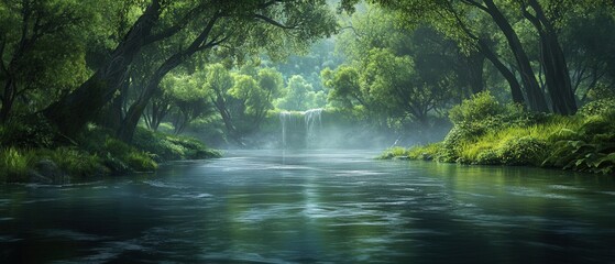 Serene Waterfall in Lush Green Forest Tranquil River Scene with Misty Atmosphere - High-Resolution Nature Photography