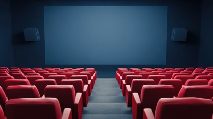 Fototapeta premium Modern Empty Cinema Hall with Red Seats and Blank Screen Ready for Movie Screening Experience