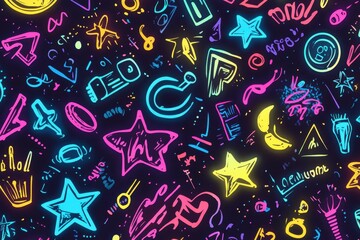 Vibrant Neon Graffiti Art Seamless Pattern Design: Colorful Hand Drawn Stars, Symbols, and Geometric Shapes on Dark Background