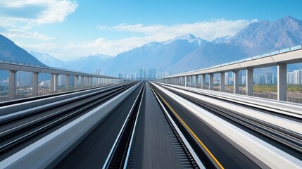 Scenic view of high-speed train tracks with mountainous backdrop and city skyline under clear blue sky
