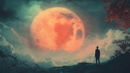 Surreal Night Landscape: Person Silhouetted Against a Giant Red Moon