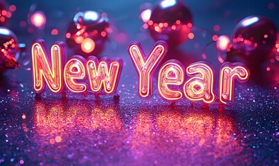 An isolated 3D &ldquo;New Year&rdquo; sign in orange and pink neon lights on a pastel purple background with glitter