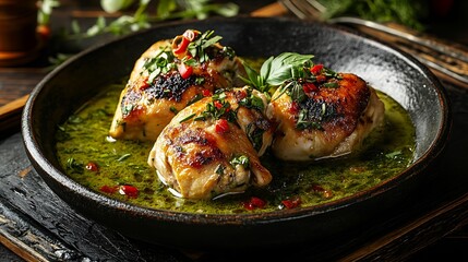 Rustic presentation of chicken green curry served with herbs on a dark wooden table