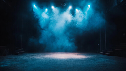 Stage illuminated by blue lights with fog creating a dramatic atmosphere. 