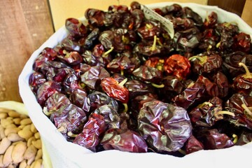 Dried Chili Peppers in a Market Bag