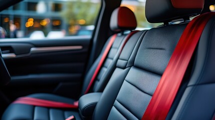 Modern Car Interior with Black Leather Seats and Red Seatbelts in a Stylish Setting