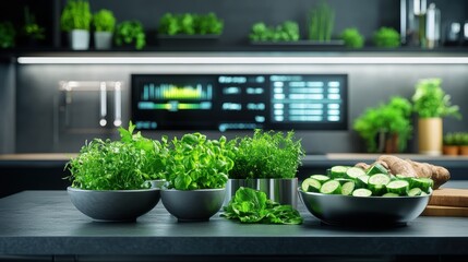 Fototapeta premium A beautifully arranged display of fresh herbs and vegetables on a sleek kitchen countertop, showcasing the vibrancy of nature amidst a modern culinary atmosphere.