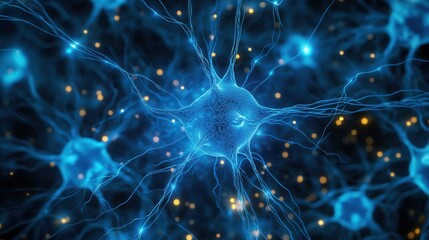 Microscopic View of Neuron Network Glowing Blue Neural Connections, Brain Cells, Synapses, Neuroscience, Medical Research, Abstract Background