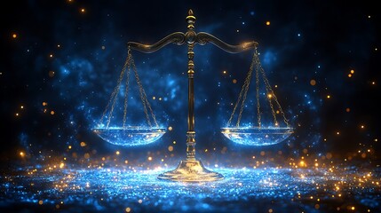 Mystic Scales of Justice: Glowing scales of justice in a mystical, ethereal setting, surrounded by sparkling blue particles.  A symbol of balance, fairness, and the pursuit of truth. 