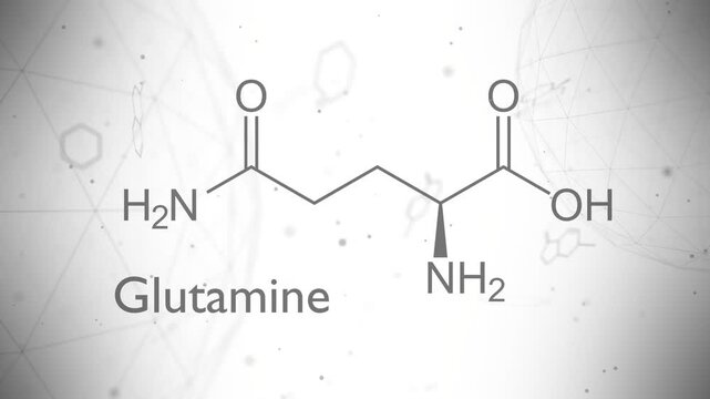 Glutamine chemical formula. Glutamine amino acid molecular bond structure. Medicine and biosynthesis study. 3D render.
