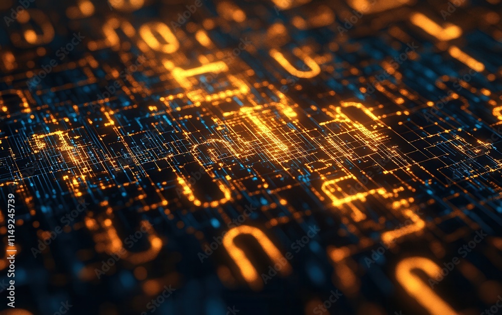Poster abstract digital data stream glowing orange and blue binary code network background