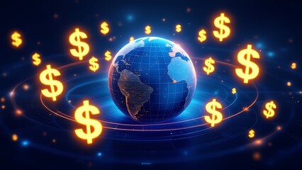 Dollar signs floating around a globe, symbolizing global finance, economic growth, international trade, and financial connections. Ideal for finance, economy, and business themes.