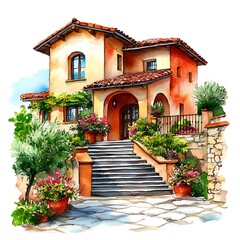 Obraz premium Watercolor Painting of a Mediterranean-Style Villa with Stone Steps and Lush Gardens.