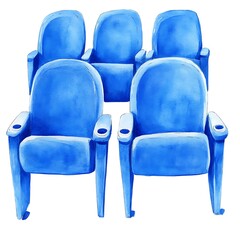 Obraz premium Watercolor illustration of four blue stadium seats arranged in a row.