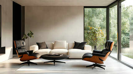 Fototapeta premium Elegant Modern Living Room with Bouclé Sofa and Black Chair