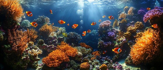 A vibrant underwater coral reef teeming with life, featuring colorful clownfish swimming among the bright corals. The sunlight filters through the water, creating a magical atmosphere.