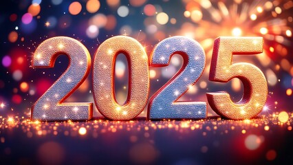 Glittering "2025" numbers on a festive backdrop, symbolizing celebration, New Year, and joyful moments. Perfect for holiday greetings, party invitations, and festive designs.