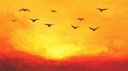 Fototapeta premium Sunset Landscape Painting with Silhouetted Birds in Flight Vibrant Orange and Red Hues, Textured Background