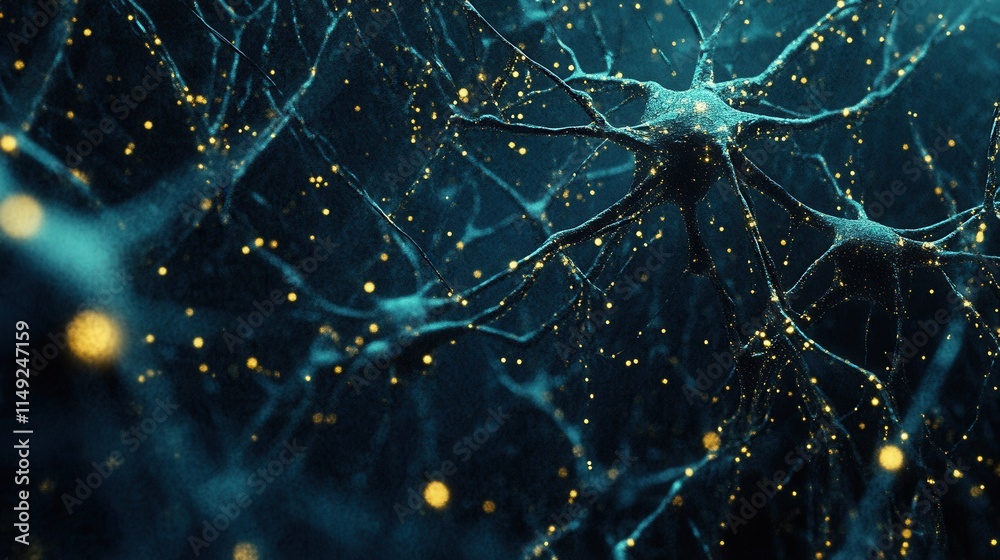 Poster microscopic view of neuron network with glowing synapses abstract teal and gold neural connections b