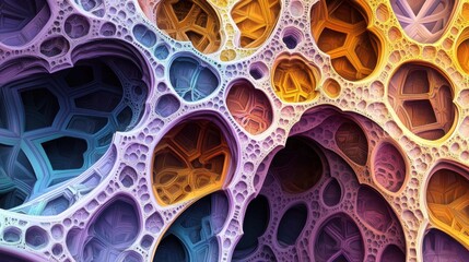 Abstract Fractal Art: Intricate Cellular Structure in Vibrant Hues of Purple, Orange, and Blue