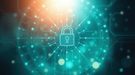 Obraz premium A glowing digital padlock surrounded by a circular network structure, symbolizing strong data security and IT protection for tech-focused visuals.