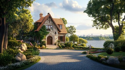 Charming stone house with red roof surrounded by lush greenery and serene lake in the background