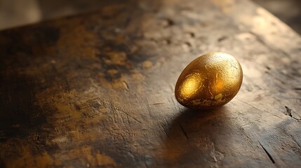 Single golden egg atop a textured wooden table as a symbol of wealth and savings