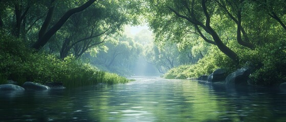 Serene Forest River Tranquil Nature Scene with Lush Green Foliage and Calm Water - Perfect for Relaxation and Nature Photography