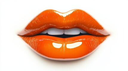 Obraz premium Glossy orange lips in high detail, rich reflections and subtle skin creases, centered on white