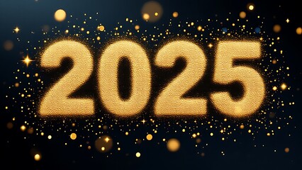 Gold glitter explosion forming "2025," symbolizing celebration, luxury, and a bright New Year. Perfect for festive designs, holiday greetings, and event promotions.