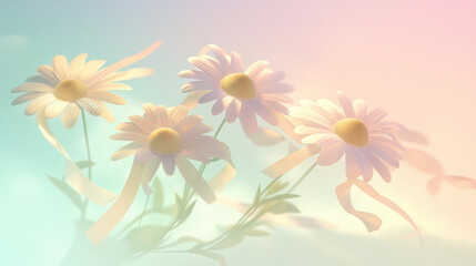 Whimsical arrangement pastel daisies swaying gracefully soft dreamy background ethereal atmosphere nursery room decor wallpaper backdrop soft romantic easter ribbon bow coquette poetic fine art