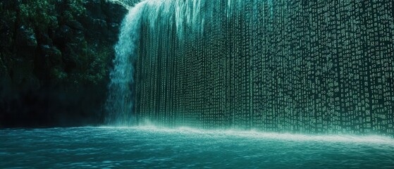 Surreal Digital Waterfall Abstract Binary Code Cascading into Teal Water.