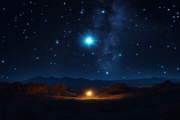 Starry night scene over desert hills Jesus birth. Shining star highlights nativity scene. Religious image holy moment. Landscape shows desert hills under starry sky. Peaceful scene evokes faith,