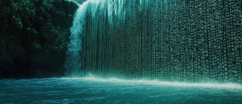 Surreal Digital Waterfall Abstract Binary Code Cascading into Teal Water.