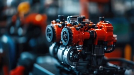 Close-up View of High-Performance Engine with Red Accents in Automotive Workshop Setting
