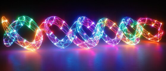 Vibrant Neon Rainbow Helix Abstract 3D Render of Glowing Energy, Light Trails and Twisted, Intertwined Lines on Dark Background