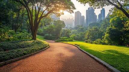 Fototapeta premium Urban Oasis: A tranquil pathway winds through a lush park, offering a peaceful escape from the bustling cityscape beyond. The morning sun casts a golden glow.