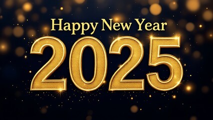 Golden "Happy New Year 2025" typography on a dark background, symbolizing luxury, celebration, and festive elegance. Ideal for holiday greetings, event promotions, and invitations.
