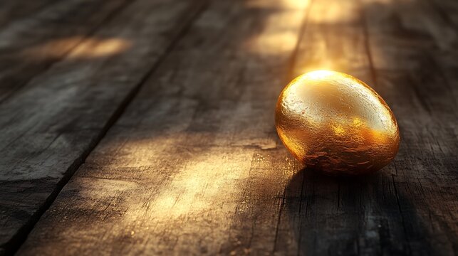 Shimmering golden egg on a vintage wooden surface for financial planning theme