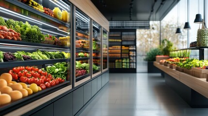 Fresh Produce Section in Modern Grocery Store with Colorful Vegetables and Fruits on Display