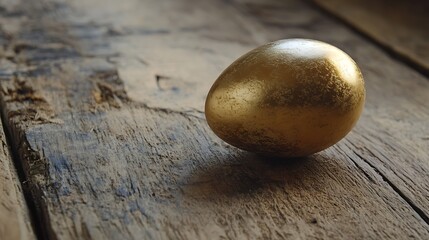 Financial concept banner featuring golden egg on weathered wood surface