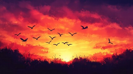 Obraz premium Fiery Sunset Landscape with Silhouetted Birds Dramatic Orange and Red Sky, Nature Photography