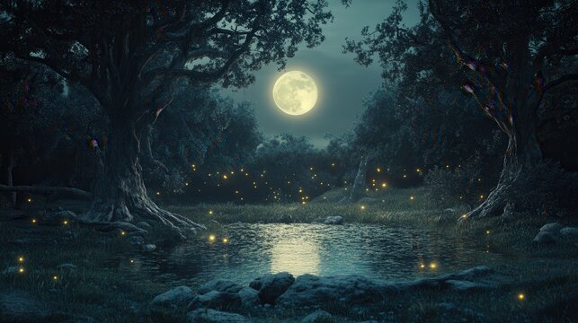 Enchanting Moonlit Forest Pond with Fireflies Magical Night Scene in Serene Nature