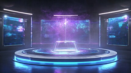 Futuristic Cyberpunk Stage with Neon Lights, Holographic Displays, and Circular Platform for Product Showcase or Presentation