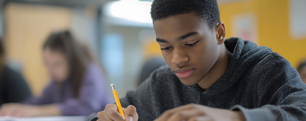Focused Teenager Studying in Classroom Setting Concentrating on Homework Assignment