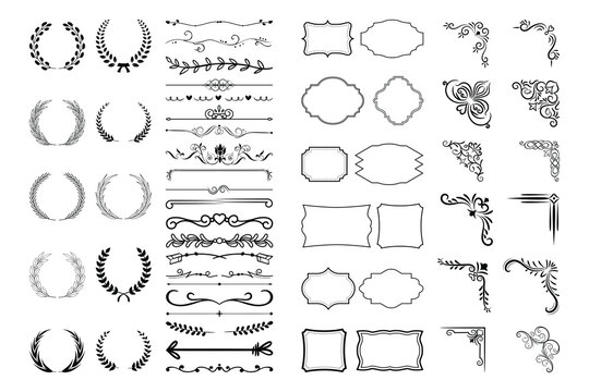 Vintage calligraphic elements. Decorative frames, flourish dividers, borders. Beautiful swirls, sinks decorated with motifs and scrolls. Circle, square and rectangular frames for cards vector