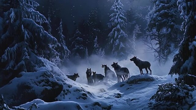 A pack of wolves gathered in a snow-covered forest under a glowing full moon, surrounded by tall trees and a serene, wintry atmosphere