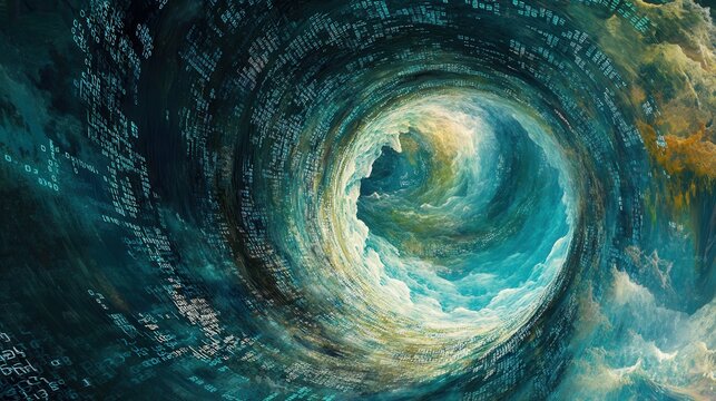 Abstract Digital Vortex Turquoise and Teal Swirling Data Stream with Cloudy Inner Core - Futuristic Technology Background